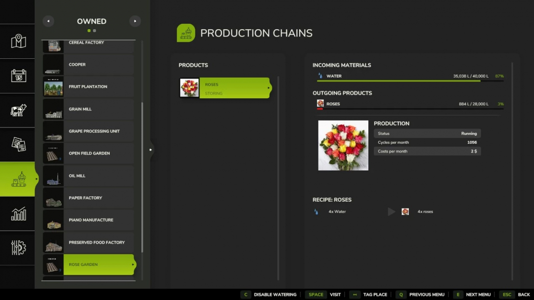 FS25 Rose Garden mod interface displaying production chains and rose details.