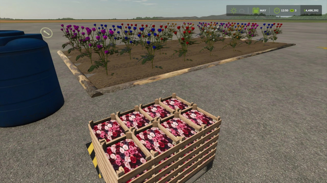 FS25 mod Rose Garden v1.0.0.0 showing rows of colorful roses and crates. Enhances Farming Simulator 25 with vibrant gardening features.