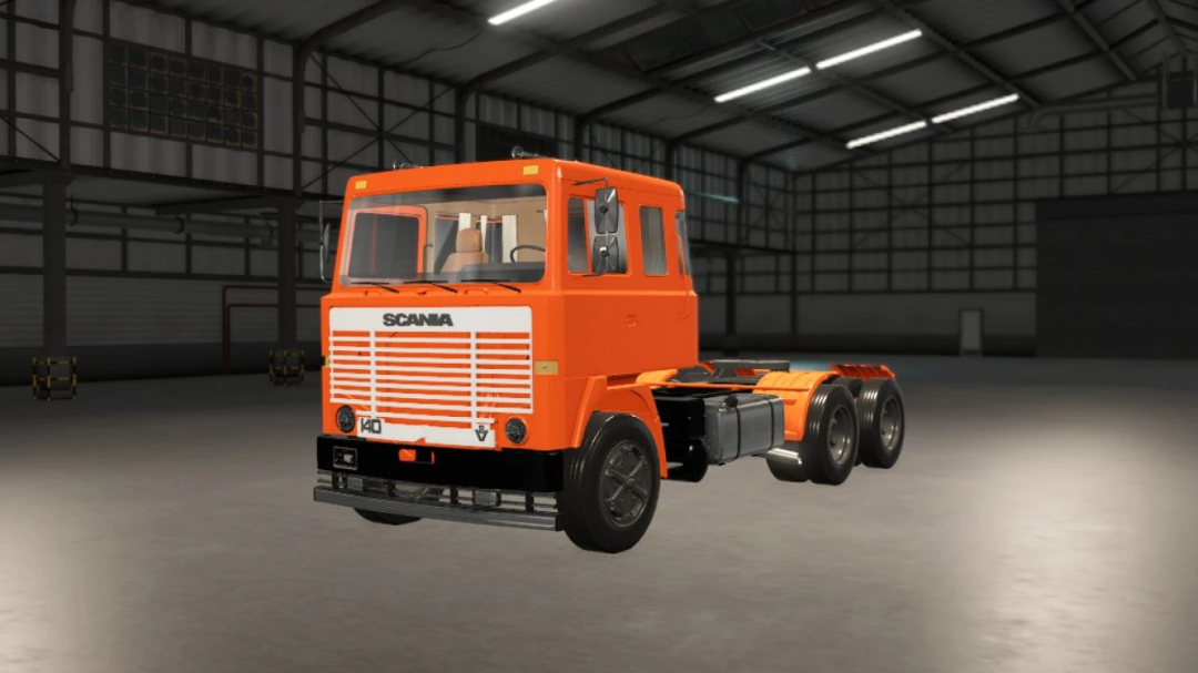 Orange Scania LK 140 truck mod in FS25, displayed in a virtual garage.