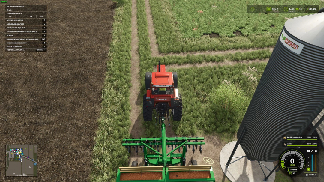 FS25 mod Shop Station v1.0.1.0 showing a red tractor with a green seeder next to a seed silo in Farming Simulator 25.