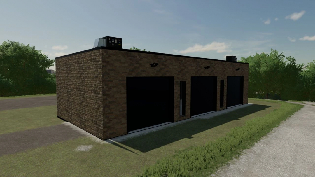 Stani Hall building yard mod in FS25, featuring a modern brick workshop with large garage doors.