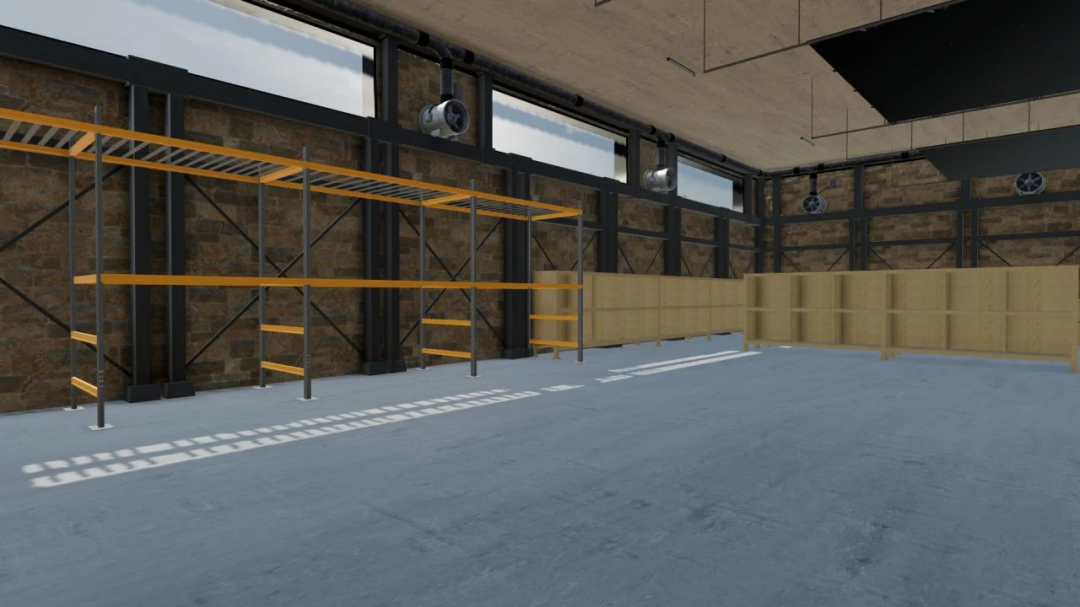 Interior of Stani Hall building yard mod in FS25, featuring industrial shelves and a spacious design.