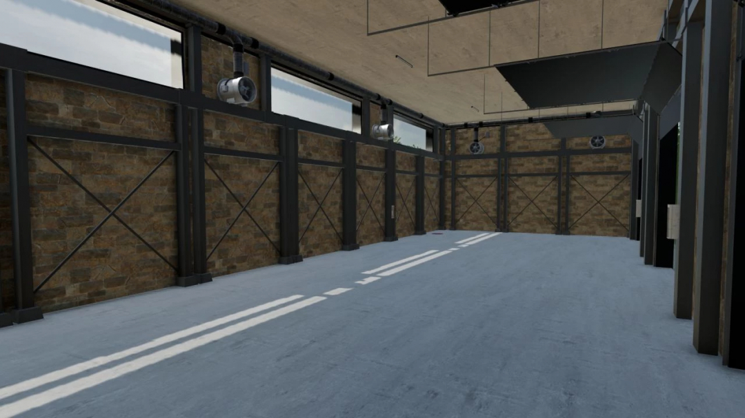 Interior of Stani Hall building yard mod for FS25, featuring stone walls and industrial ceiling fans.