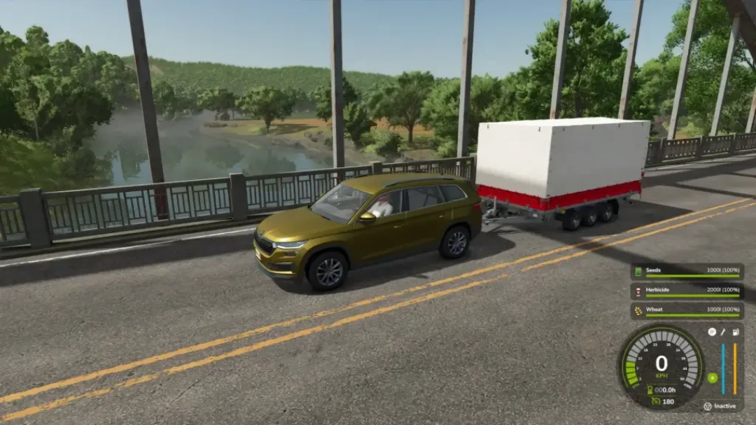 FS25 mod: Stema Trius trailer for bales and pallets on a bridge.