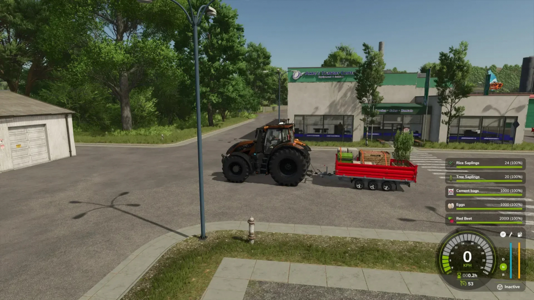 FS25 mod Stema Trius trailer loaded with bales in front of tractor dealership.