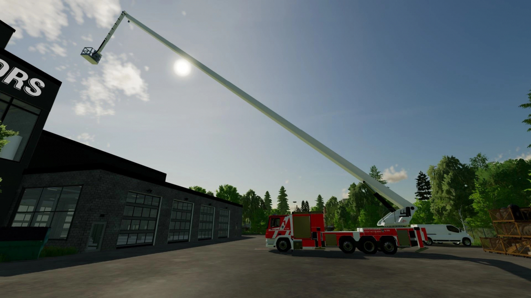 FS22 mod TMB Der BF Mittelberg v1.0.0.0 in Farming Simulator 22 showing an extendable fire truck ladder near a building.