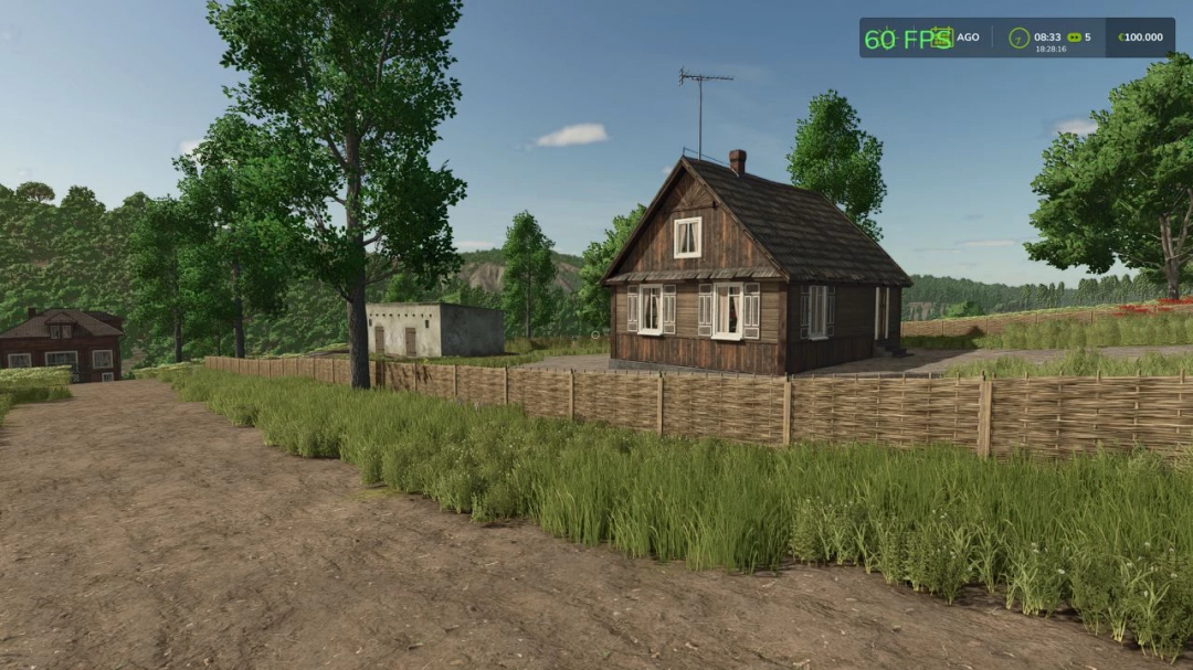 Scenic rural landscape in FS25 Terenurile nimanui mod with wooden house and lush greenery.