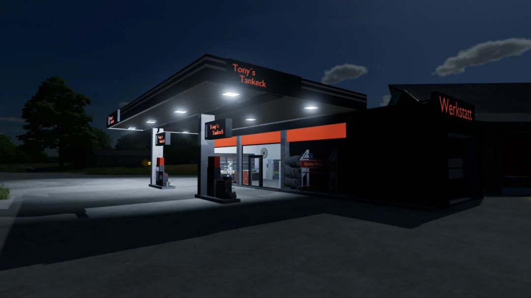 Night view of Tony's Tankeck gas station mod in Farming Simulator 25, featuring illuminated pumps and service area.