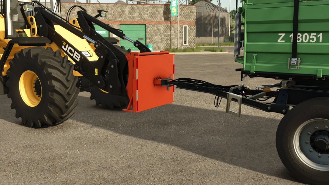 FS25 mod Trailer Adapter v1.0.0.0 showing a yellow tractor connected to a green trailer.