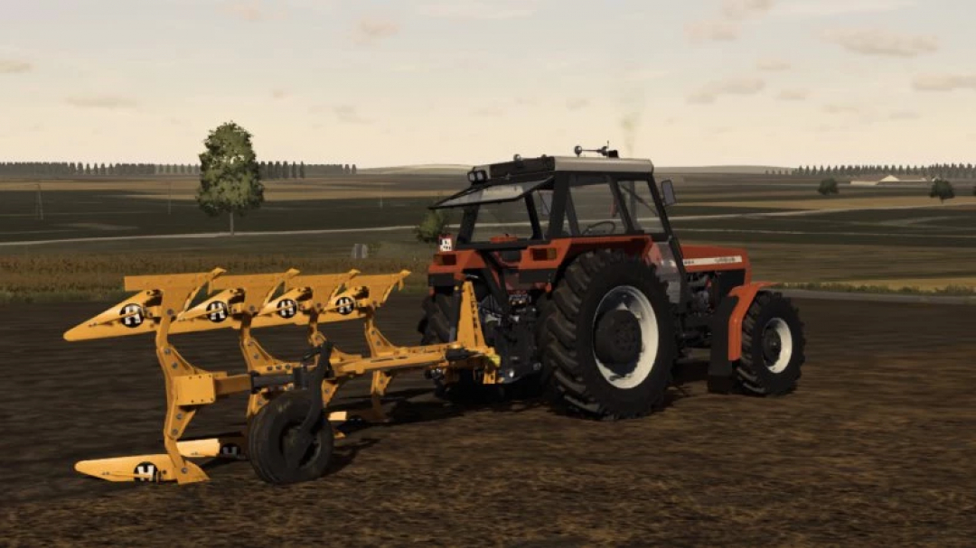 FS22 mod Ursus 1224/1614 tractor by Rysiek v1.0.0.0 plowing a field in Farming Simulator 22.