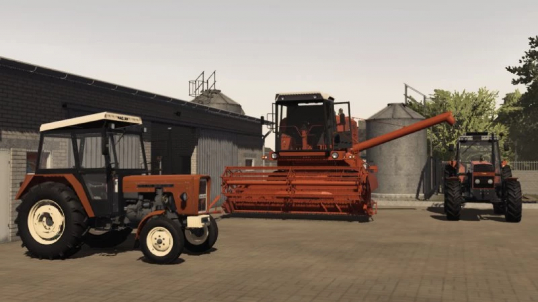 Farming Simulator 22 mods: Ursus 1224 and 1614 tractors parked near a combine harvester on a farm.