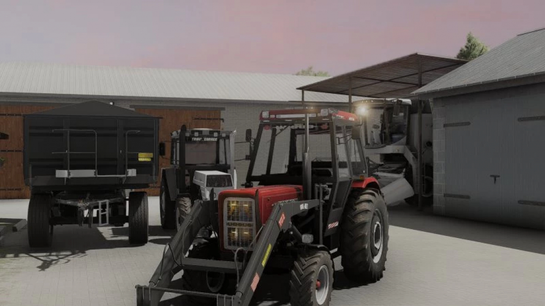 FS22 mod Ursus c360 GR PATRYOQQ v1.0.0.0 tractor in a farming yard, showcasing farming simulator equipment.