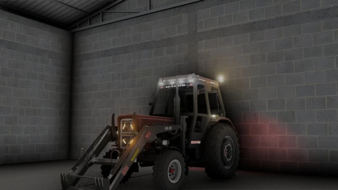 Ursus c360 GR PATRYOQQ tractor mod for FS22 in a dimly lit warehouse. Farming Simulator 22 mods showcasing vehicle features.