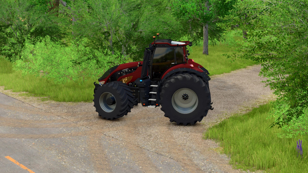 Valtra S Series Edit mod in FS25, detailed view of red tractor on dirt path surrounded by greenery.