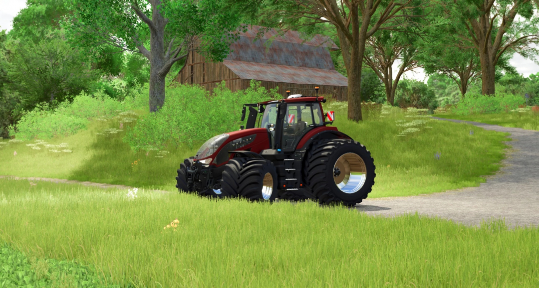 Valtra S Series Edit tractor mod in Farming Simulator 25 on a grassy path with trees in the background.