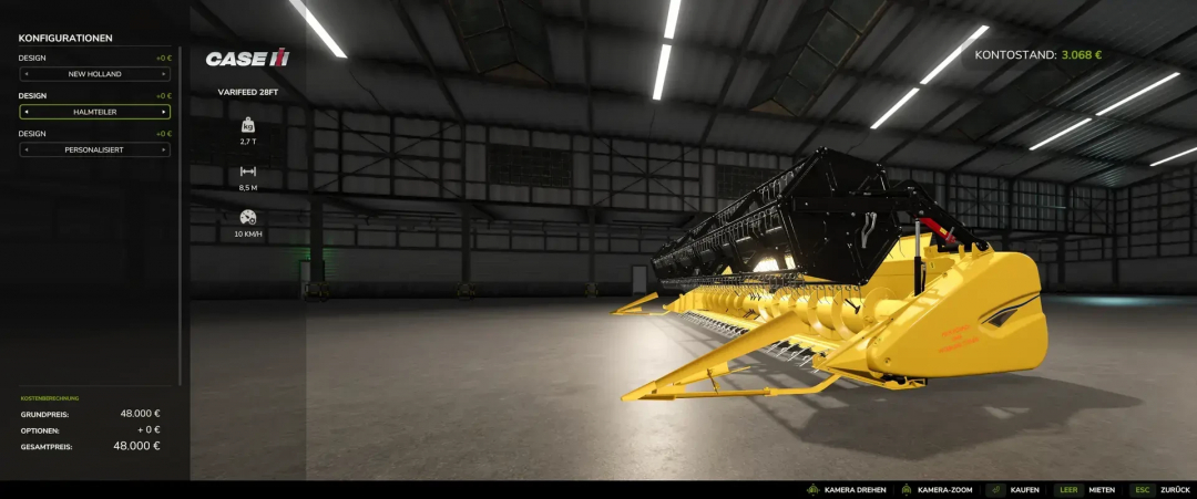 FS25 mod Varifeed 28ft displayed in a garage, showcasing options for Claas and New Holland designs.