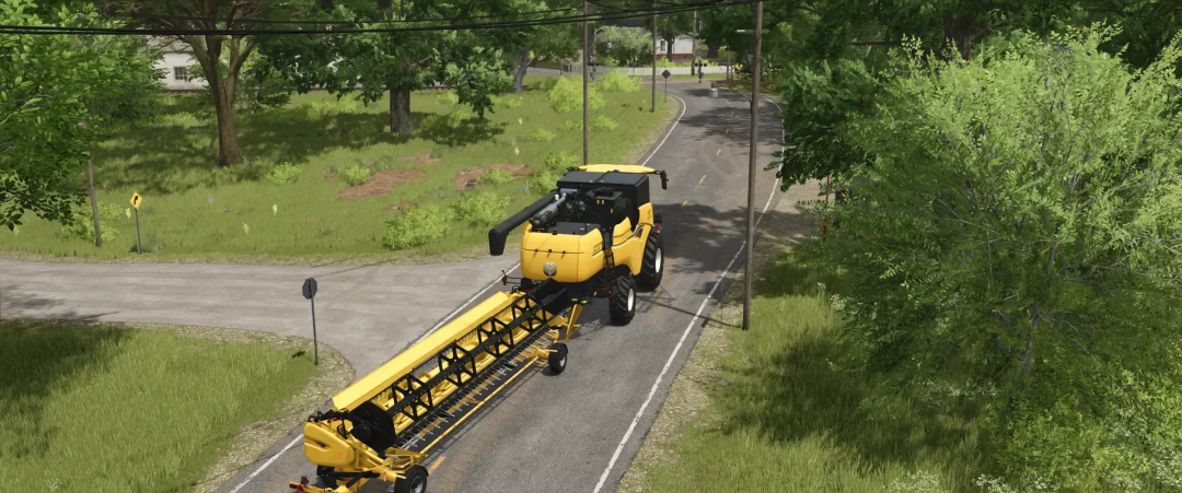 FS25 mod Varifeed 28ft Claas & New Holland v3.0.0.0, yellow harvester on rural road.