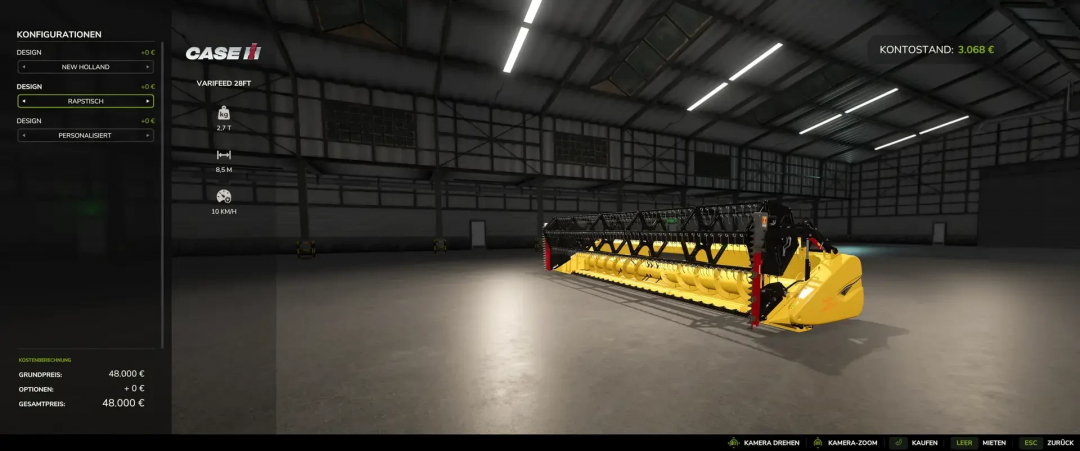 FS25 mod Varifeed 28ft Claas & New Holland header displayed in a virtual garage.