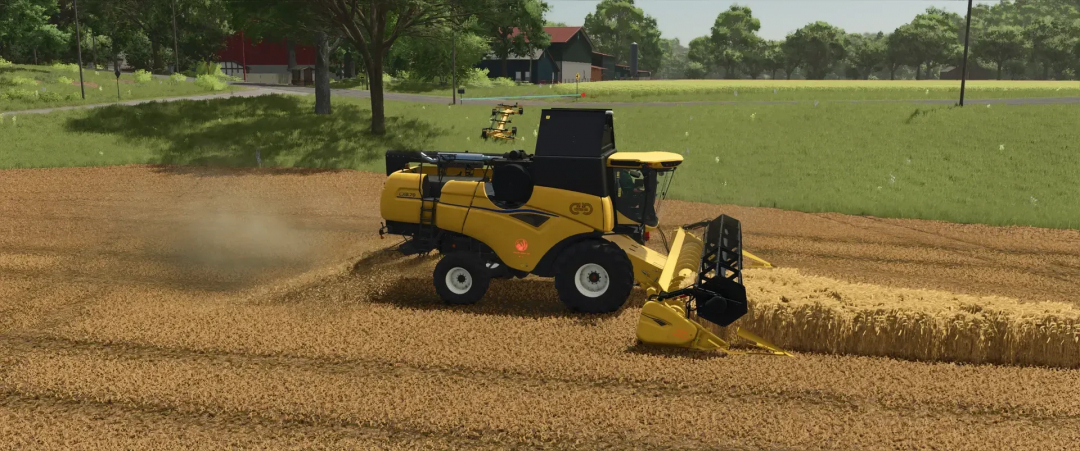 A yellow combine harvester with a Varifeed 28ft header on a wheat field in Farming Simulator 25 mod.