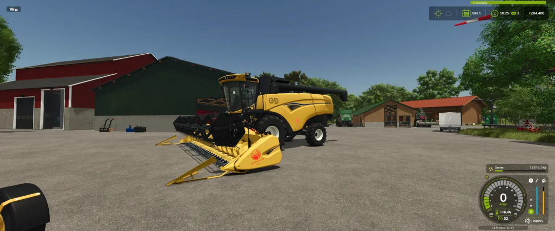 Farming Simulator 25 mod Varifeed 28ft Claas & New Holland v4.0.0.0 showing a combine harvester parked on a farmyard.