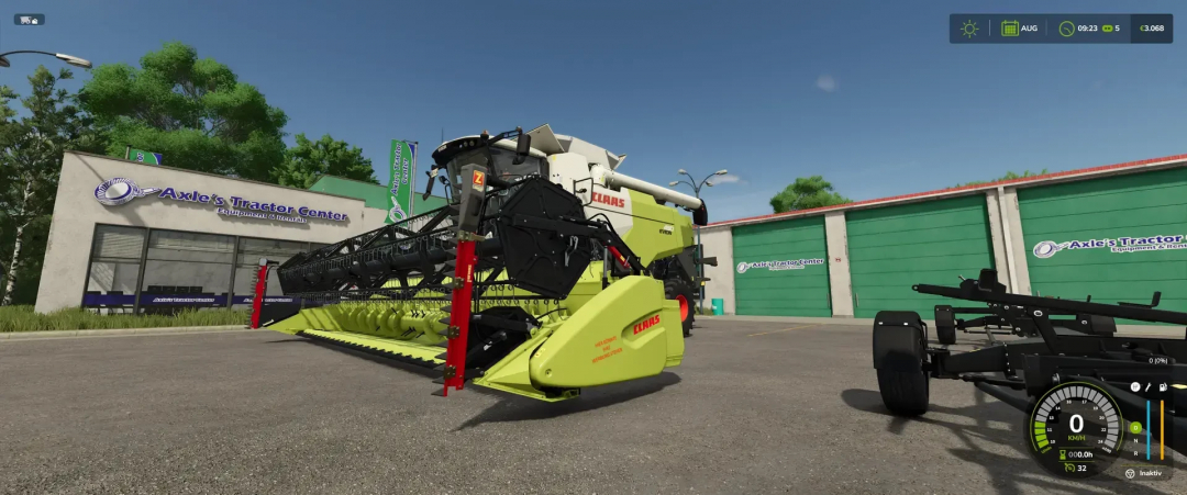 Claas Varifeed 28ft harvester at Axle's Tractor Center in FS25 mod.