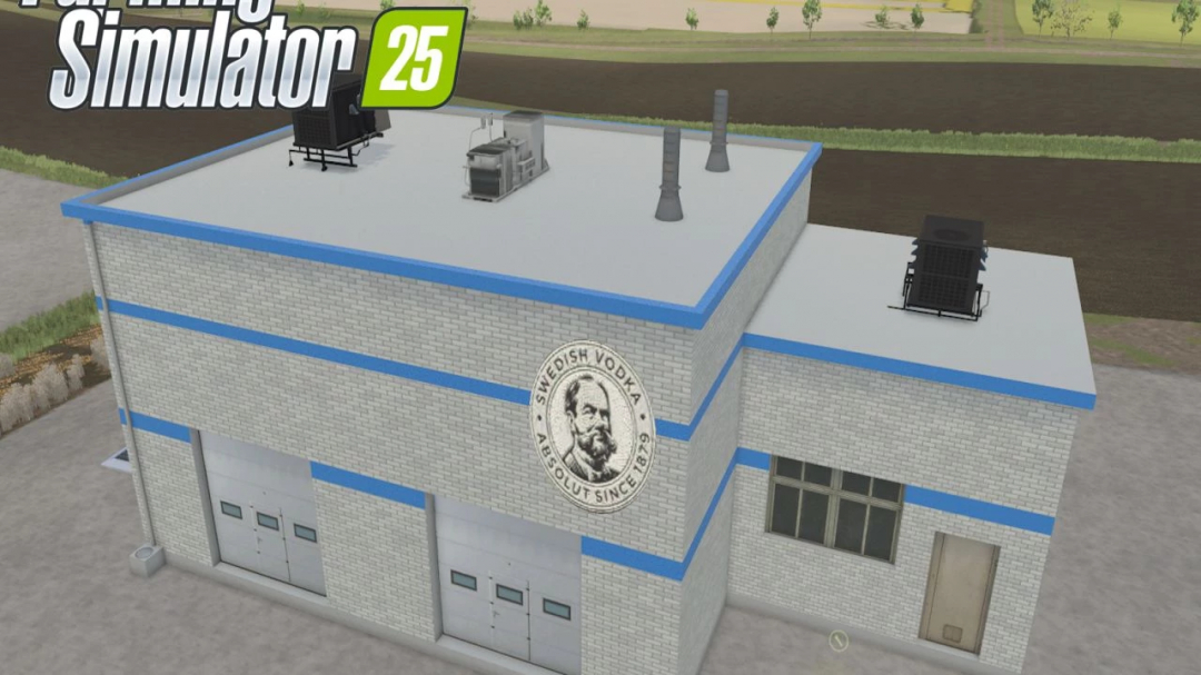 FS25 Vodka factory mod showing a building with a Swedish vodka logo.