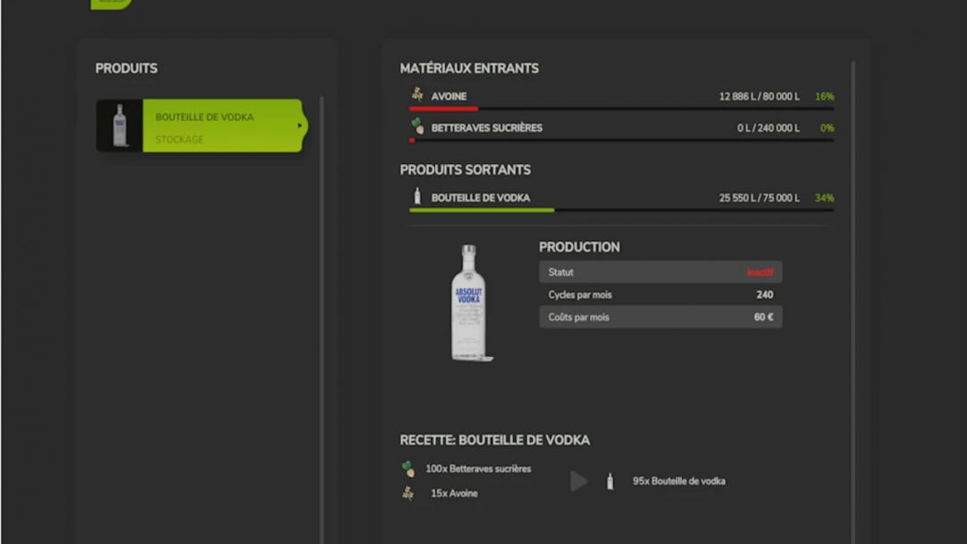 Farming Simulator 25 Vodka Factory mod interface, showing production stats and recipes.