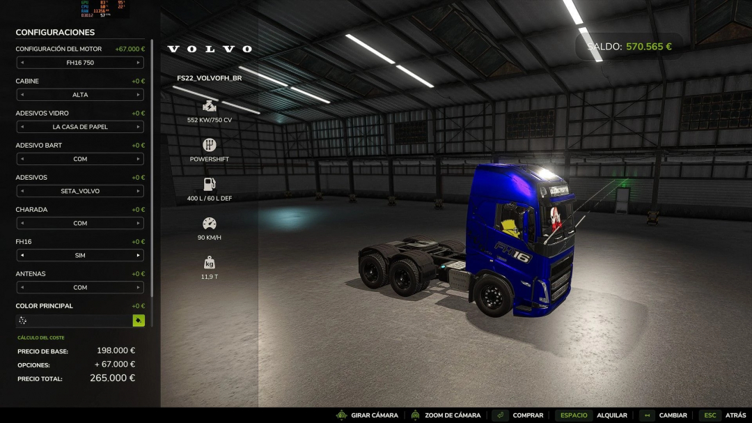 FS25 mod display of Volvo FH16 BR in a garage showing configuration options and prices.