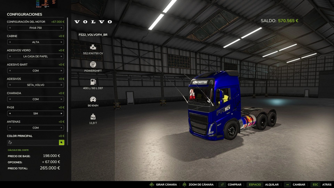 FS25 mod image showing Volvo FH16 BR v1.0.0.0 truck in a virtual garage with configuration options.