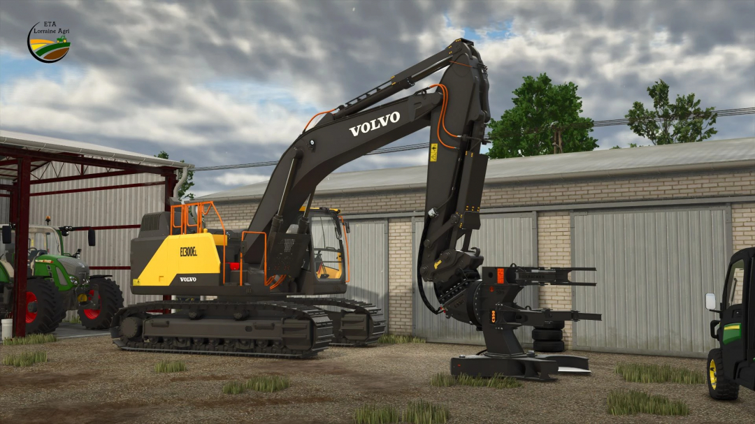 FS25 mod WOODCRACKER C550 Black v1.0.0.0 featuring Volvo excavator and attachment, displayed near farm buildings.