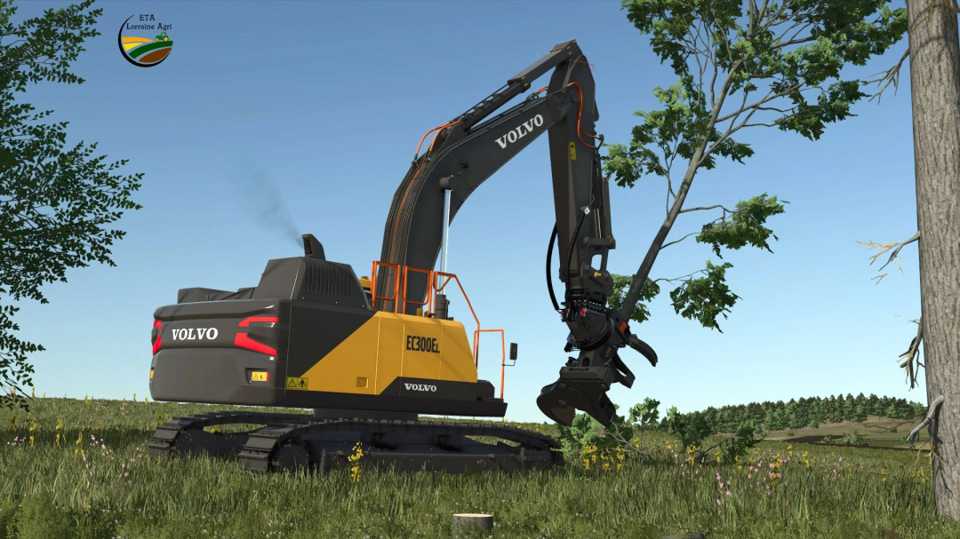 FS25 mod, WOODCRACKER C550 Black v1.0.0.0 shown on a Volvo excavator trimming tree branches in Farming Simulator 25.