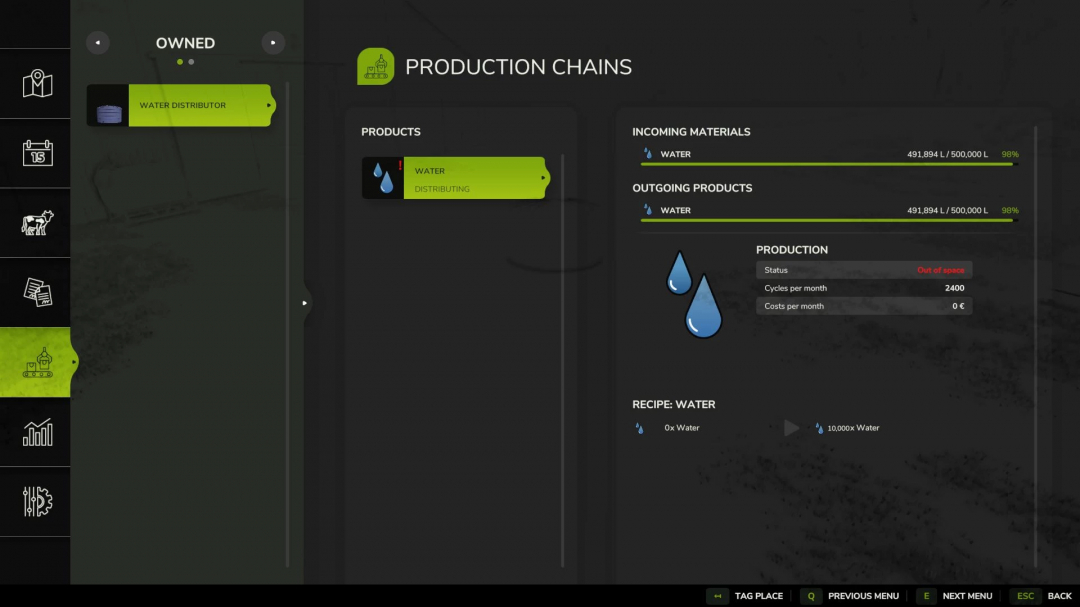 FS25 mod Water Distributor interface displaying water production details and capacity.