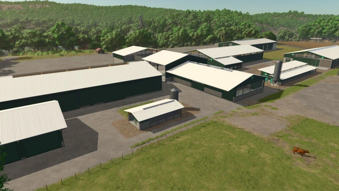 Aerial view of FS25 White Roof Buildings Pack v1.0.0.1, showcasing farm buildings with white roofs in a lush landscape.