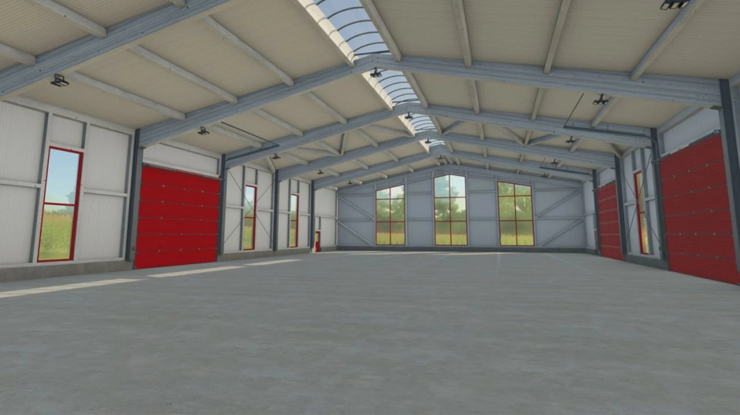 Interior of White Roof Buildings Pack mod in FS25, showing a spacious warehouse with red doors and large windows.