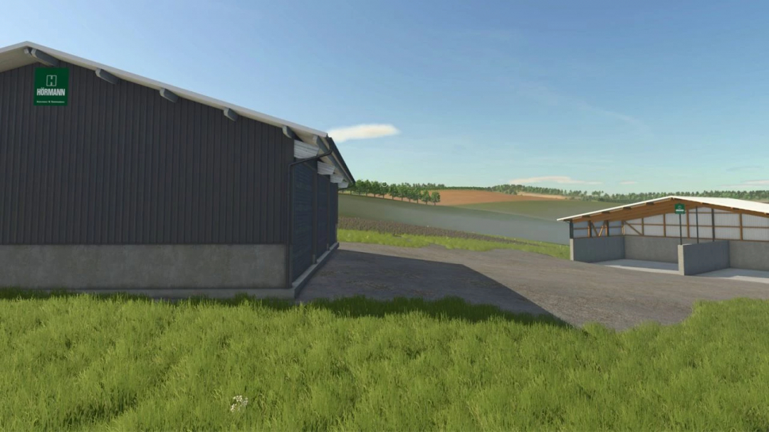 White-roofed buildings in FS25 landscape from the White Roof Buildings Pack mod.