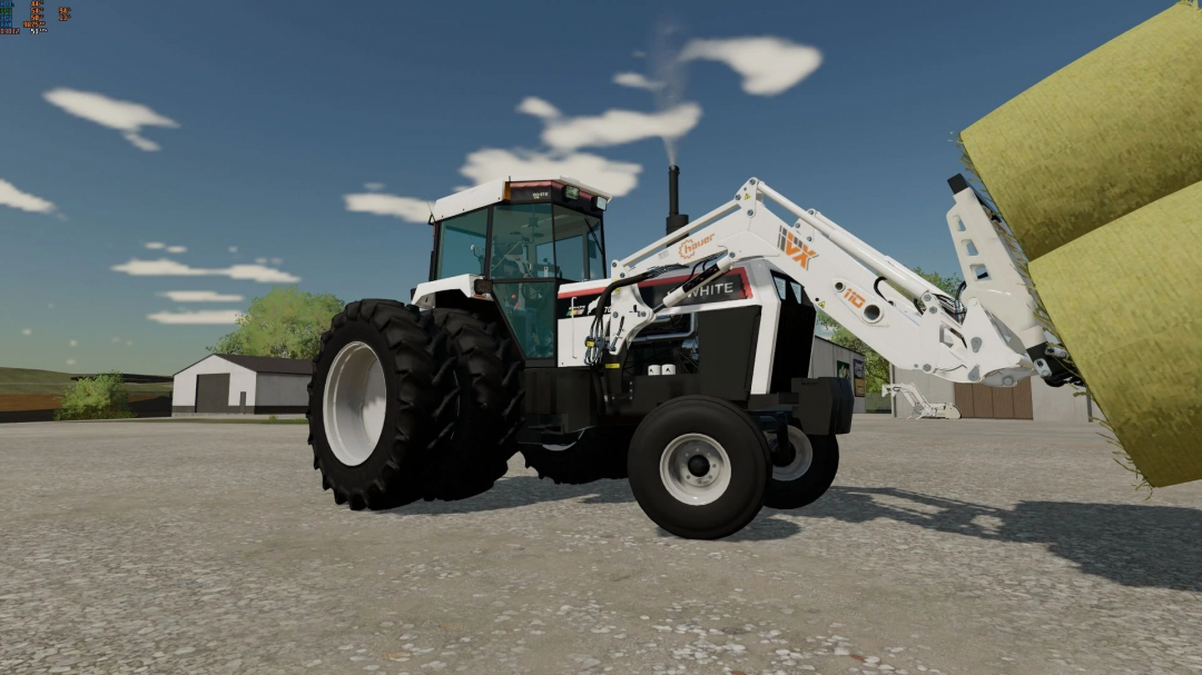 FS22 mods: White Workhorse Series v1.0.0.0 tractor with front loader lifting hay bales in Farming Simulator 22.