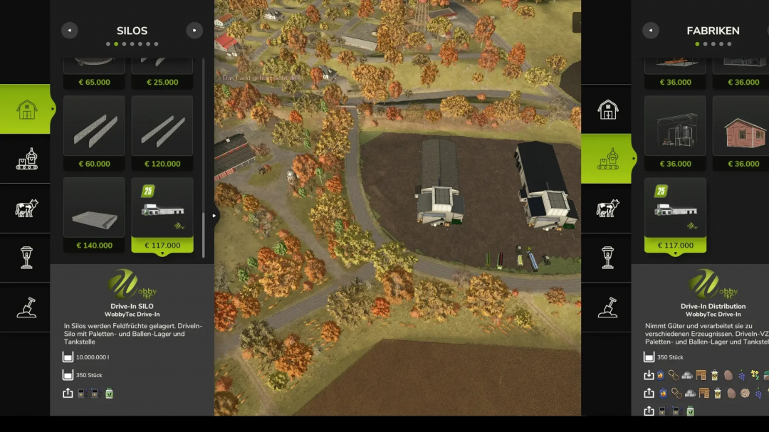 FS25 WobbyTec Drive-In mod v1.0.0.1 displaying silo options and farm overview.