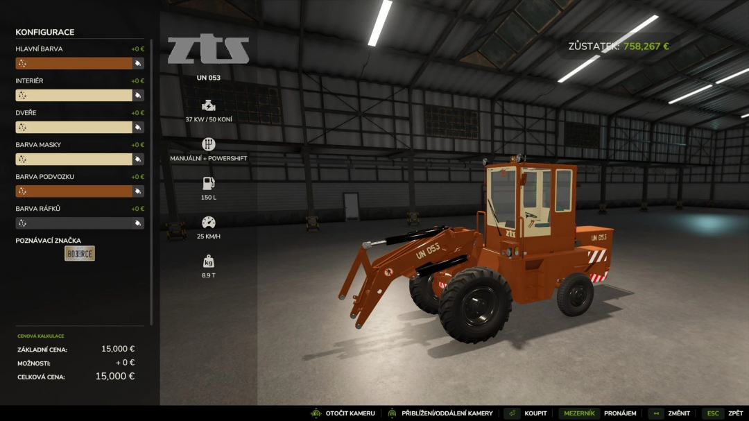 ZTS UN-053 Pack mod for Farming Simulator 25 showcasing a loader in a warehouse, with customization options visible on the left.