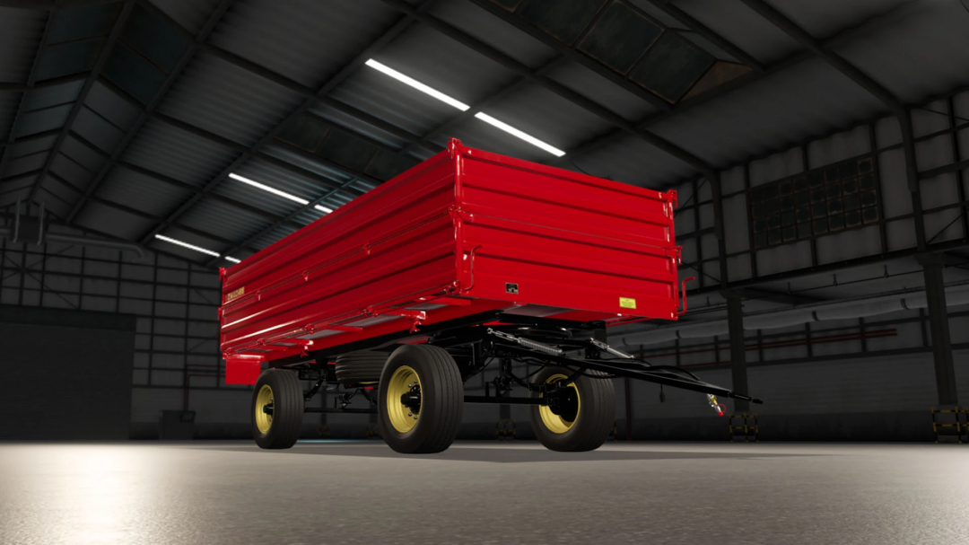 Red Zmaj 489 trailer mod for FS25, showcasing details in a warehouse environment.