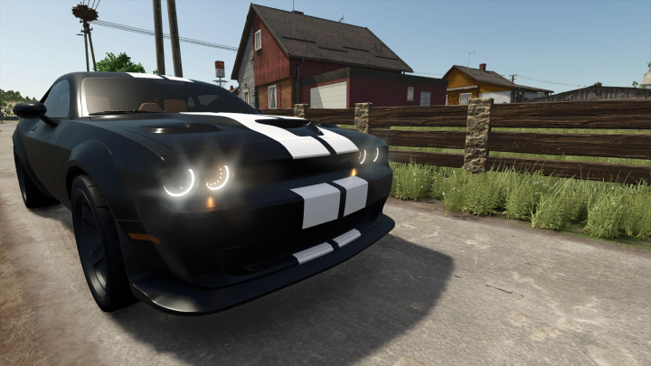 fs25-mods,  2020 Dodge Challenger Widebody mod in FS25, shown in a rural setting with homes and greenery.