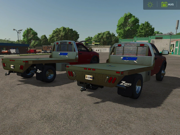 fs25-mods,  FS25 mods: 2020 Dodge Ram 5500HD Flatbed Extended shown in a Farming Simulator 25 environment.