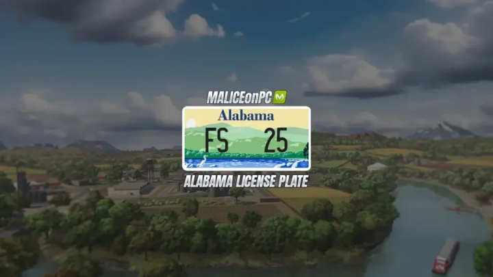 fs25-mods,  FS25 Alabama License Plate V1.0.0.0 mod for Farming Simulator 25, featuring a scenic landscape background.