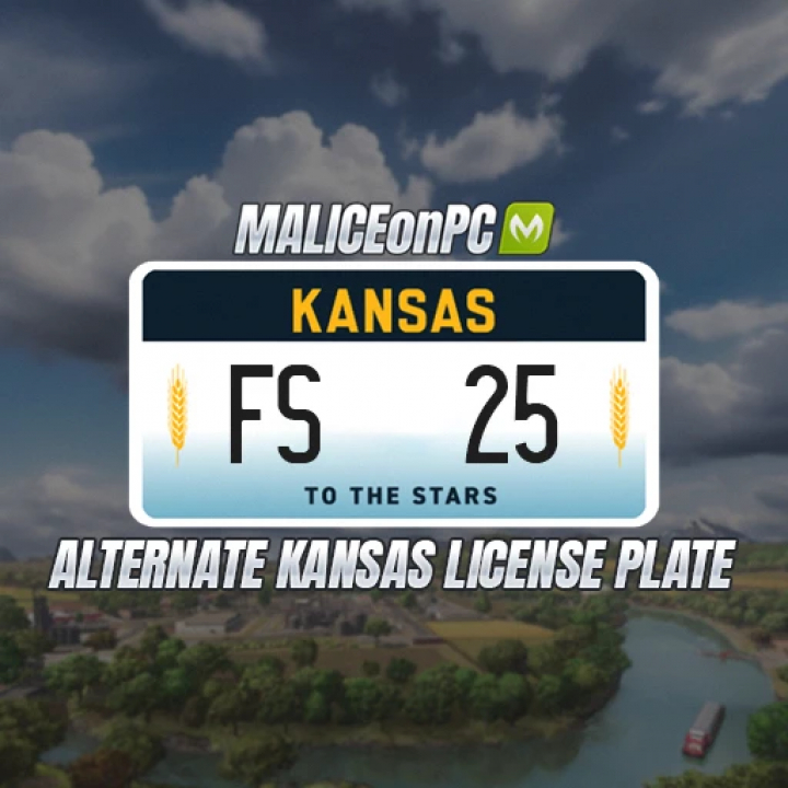 fs25-mods,  FS25 mod Alternate Kansas License Plate featuring a Kansas plate design with FS25 text, set against a farming landscape background.