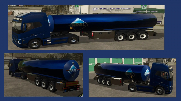 fs25-mods,  FS25 mod Aral Multitrailer v1.0.0.0 showcasing a blue tanker truck and trailer with Aral branding at a tractor center.