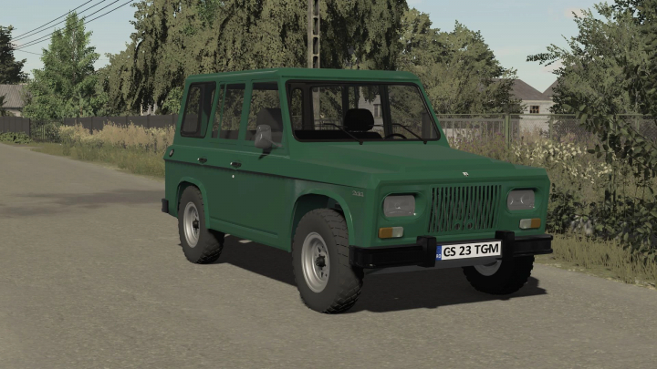 fs22-mods, FS22 mod Aro 244 1972 v1.0.0.0, green off-road vehicle on country road in Farming Simulator 22.