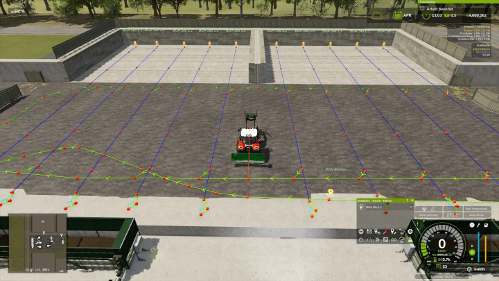 fs25-mods,  The FS25 mod 'Autodrive US Flatlands Map 4x v1.0.0.0' shows a tractor on a marked grid at a biogas plant with navigation paths.