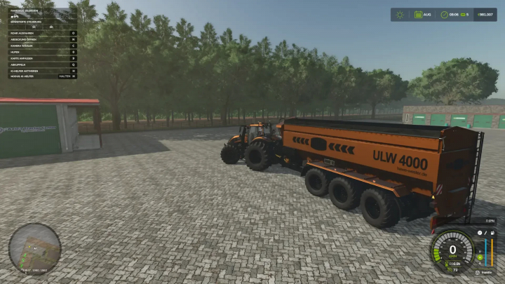 fs25-mods,  Bergmann Hawe Ulw4000 mod in FS25, showing an orange trailer on a cobblestone lot near trees. Farming Simulator 25 mod by SAZLA Modding.