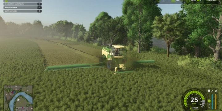 fs25-mods,  FS25 mod Big M XL by Arthur W mowing a field, showcasing Farming Simulator 25 gameplay with lush greenery.