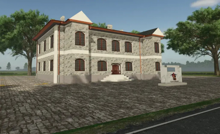 fs25-mods,  Captain Production mod building in FS25 with stone facade and sign, surrounded by trees.