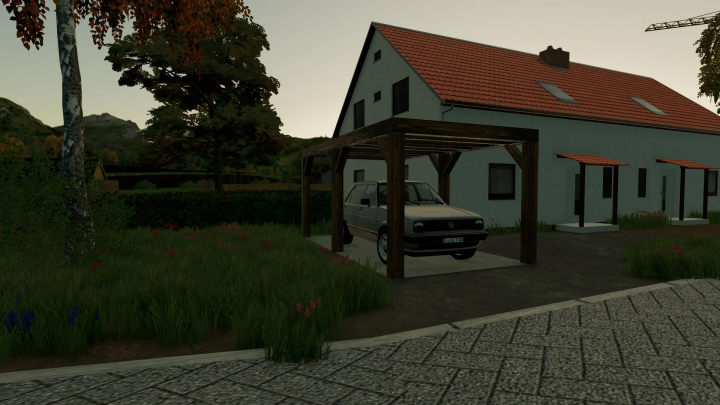 fs25-mods,  FS25 Carport Pack mod featuring a wooden carport with a car, next to a house in Farming Simulator 25.